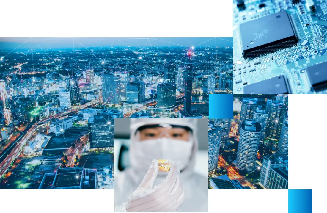半導体のイメージと、6G時代を象徴する都市のイメージ