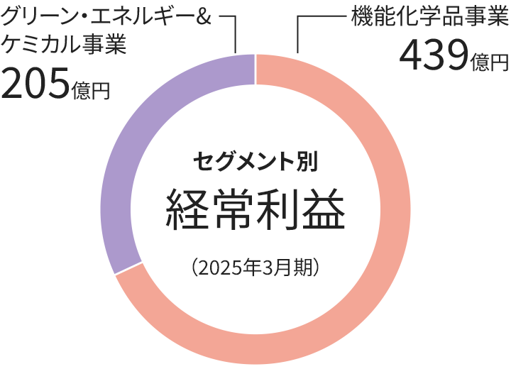 グラフ：セグメント別経常利益　円グラフ 2023年3月期、基礎化学品事業 305億円、機能化学品事業 387億円