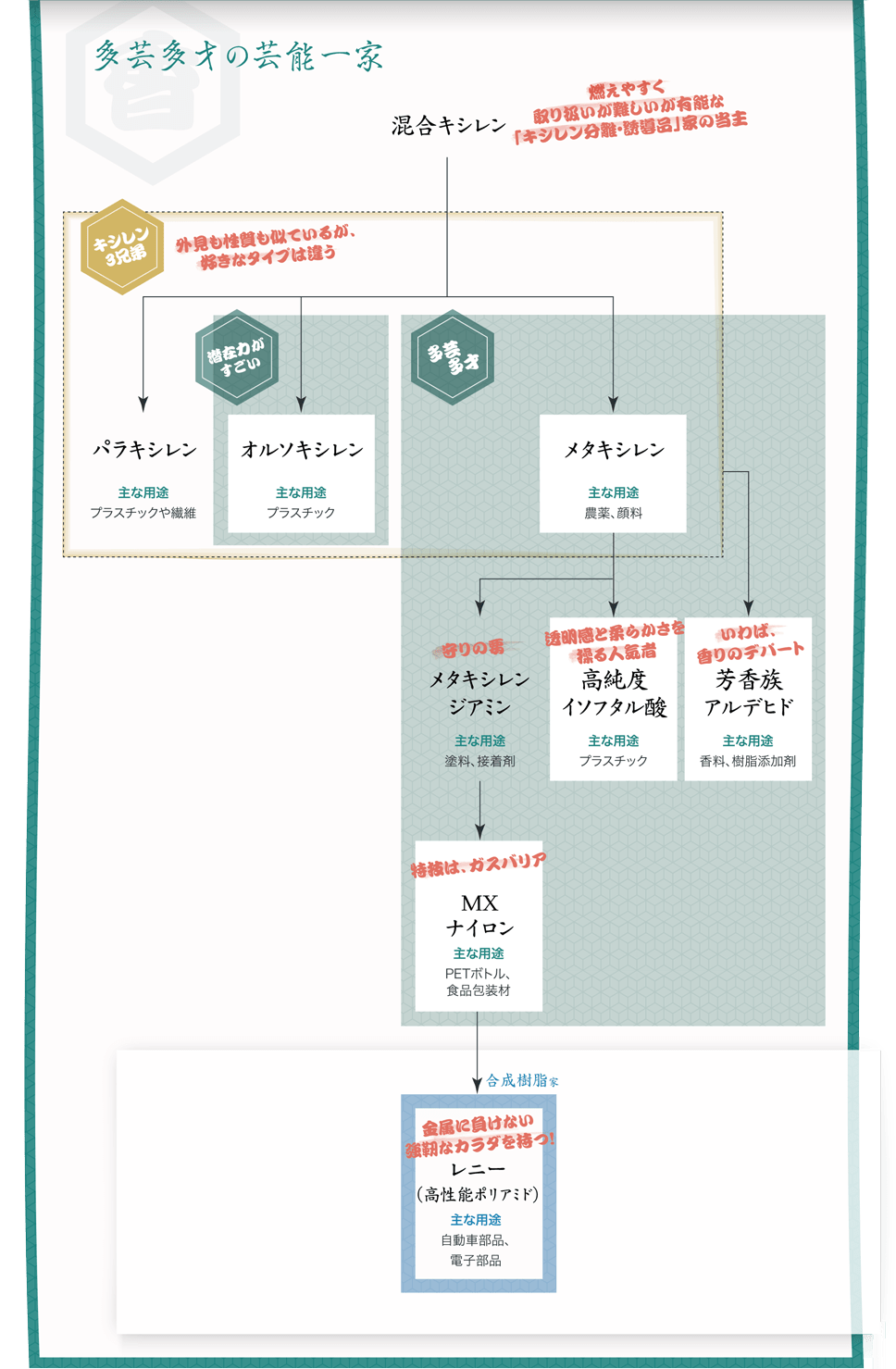 図：「キシレン分離・誘導品」家系図。「多芸多才の芸能一家」と題して色々な製品を紹介。
